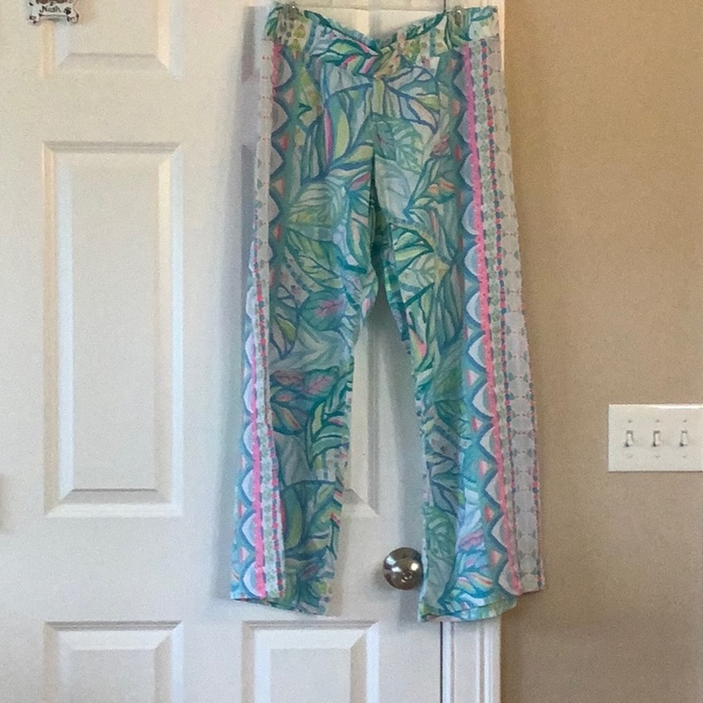 Wide Leg Tropical Print Pants in Aqua & Pink